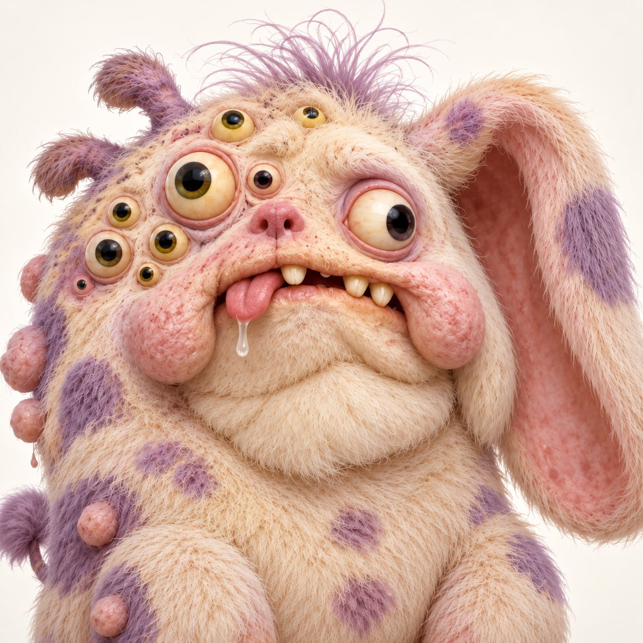 ZZQSKZB: a fat fluffy cream-and-lavender creature with nine eyes, a pig nose, buck teeth, and a hanging tongue.